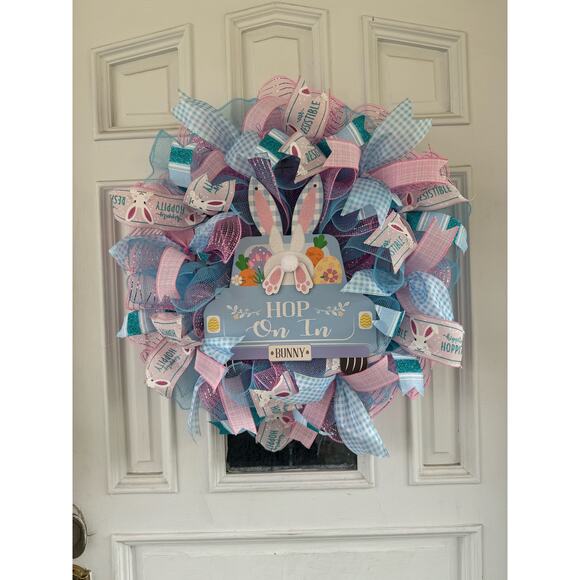 Handcrafted "Hop On In" Bunny Wreath - Easter/Spring Decor, Pastel Colors - Picture 1 of 9